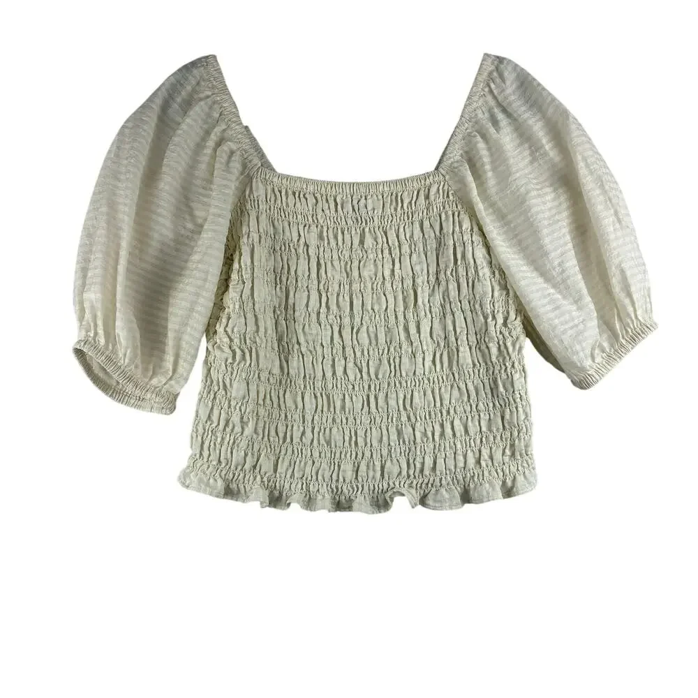 Old Navy All Over Smocking Puff Slv Crop Boho Cottage Blouse Womens Medium Ivory